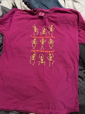 Women’s Magenta Graphic Tee with Yellow Skeleton Print